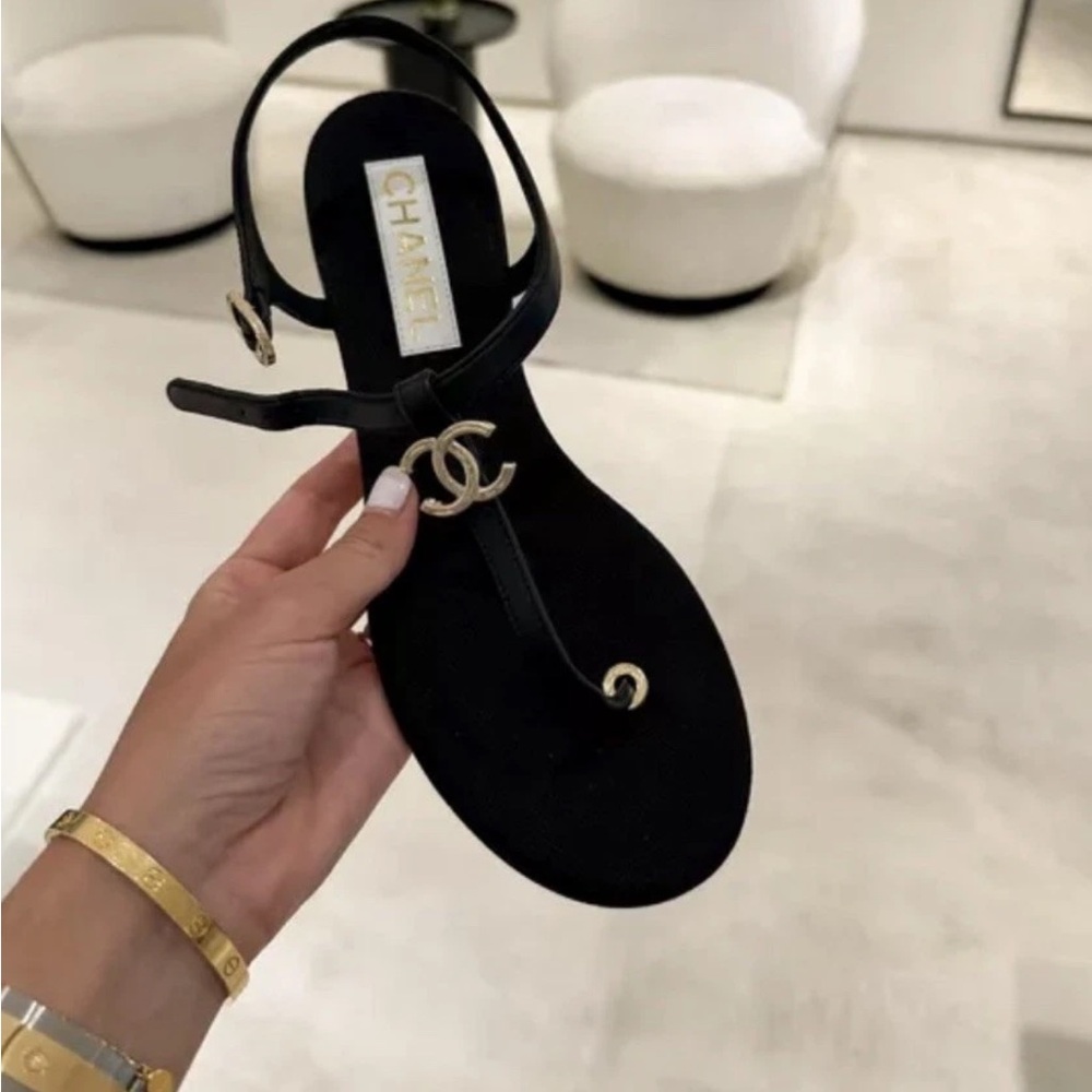 CHANEL Black T-Strap Sandals with Gold CC Hardware - Picture 3 of 7